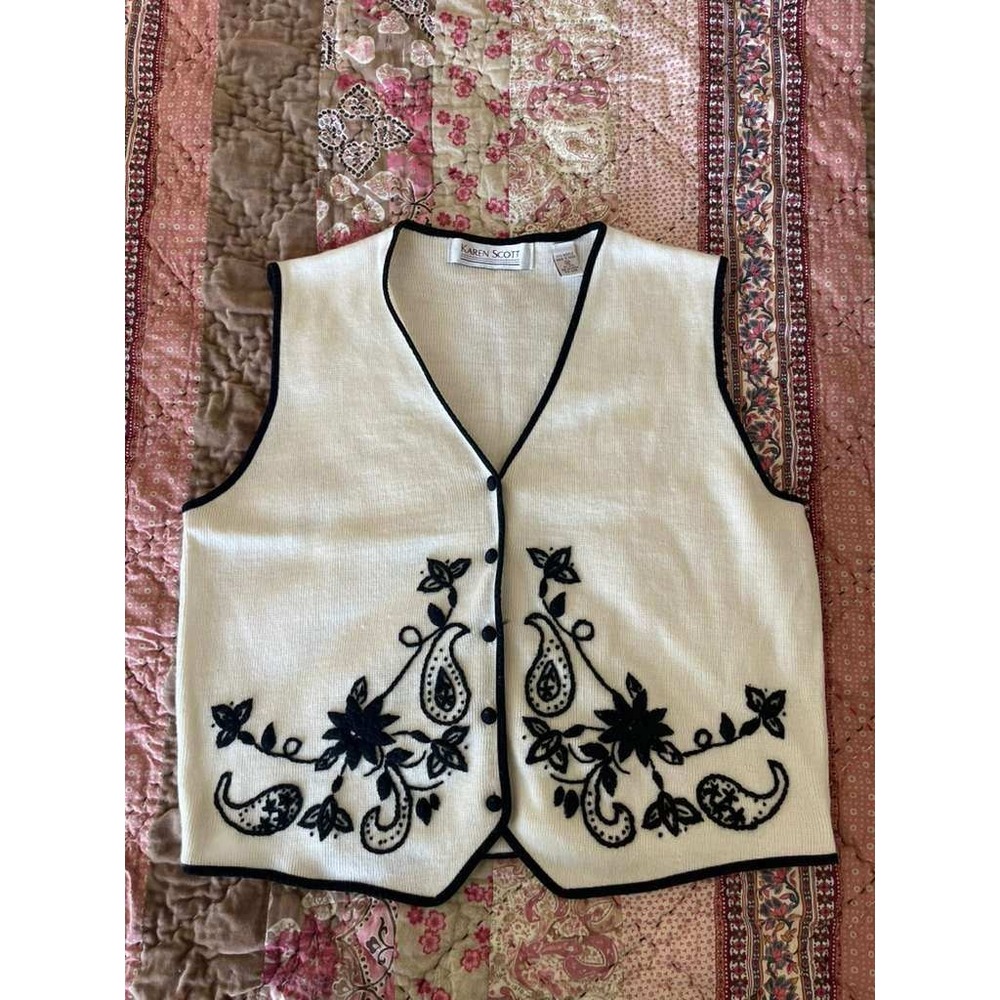 Karen Scott Womens Vintage Embroidered Paisley Knit Sweater Vest Cream Black M